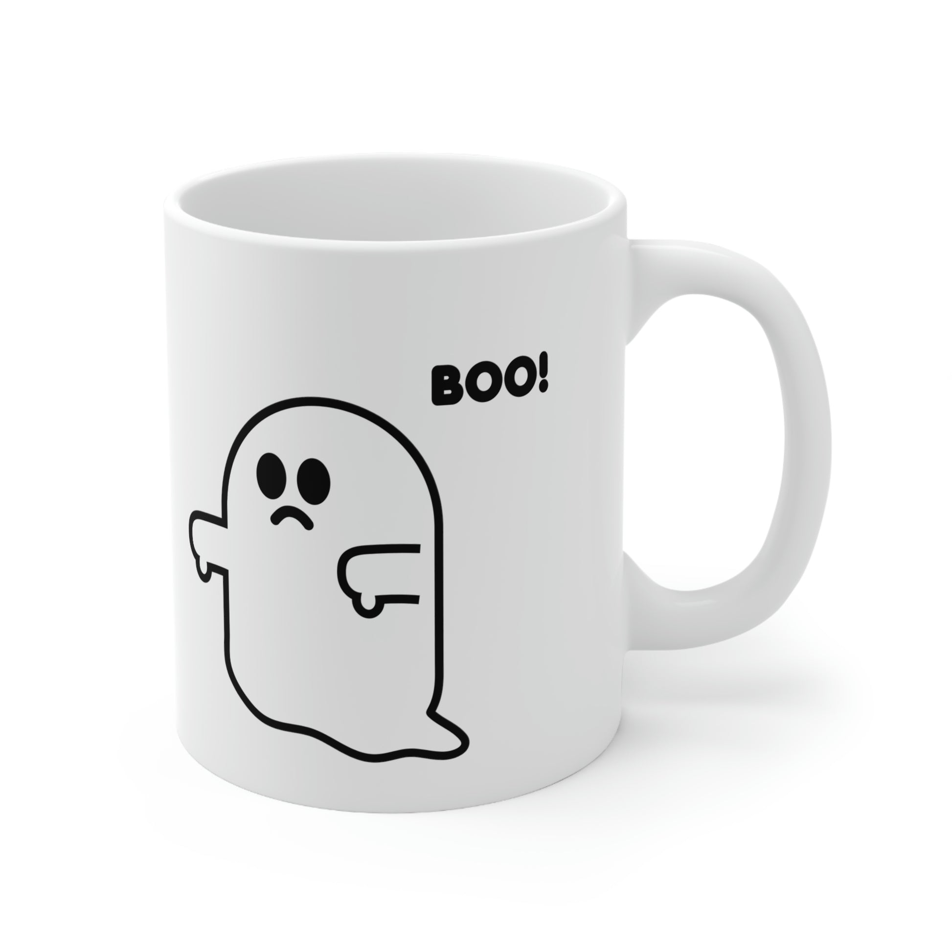 White mug with cute ghost and Boo! text