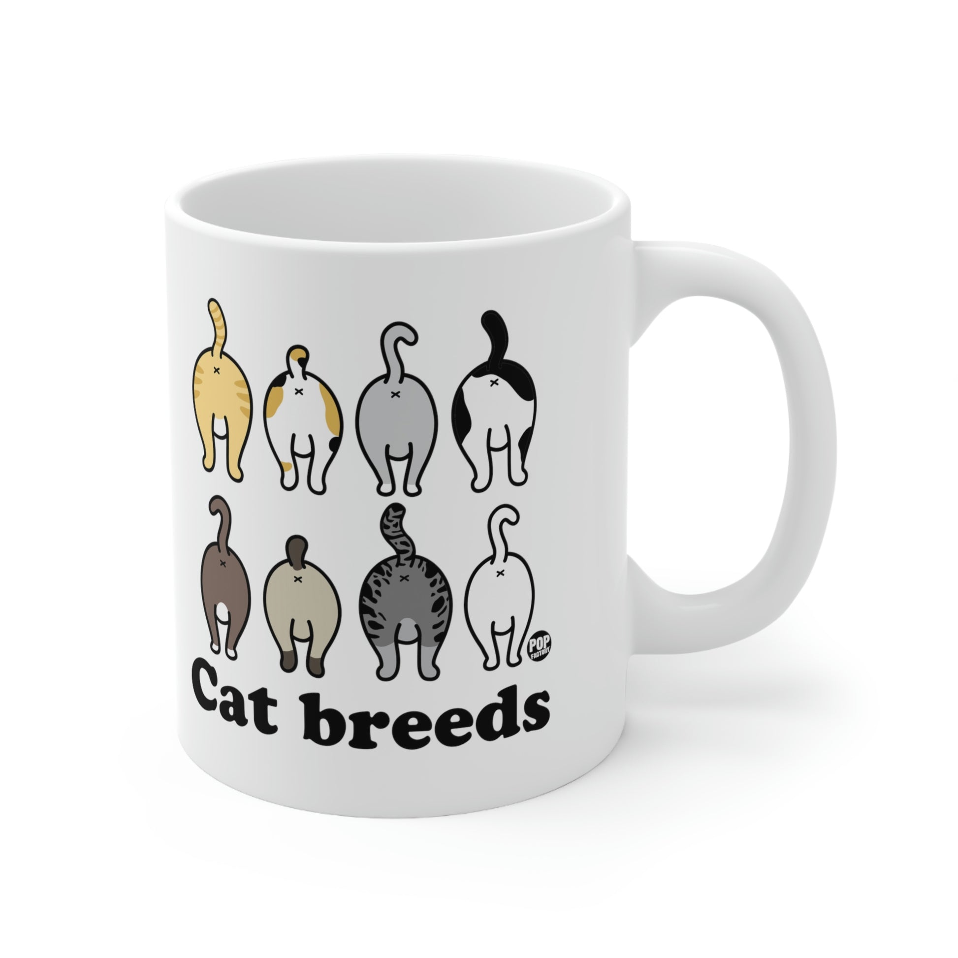 White ceramic mug with various cat rear silhouettes labeled “Cat breeds” – Pop Factory® funny cat butt coffee cup
