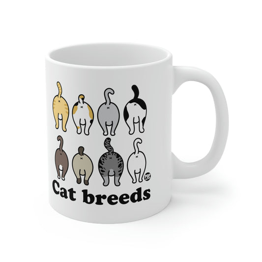White ceramic mug with various cat rear silhouettes labeled “Cat breeds” – Pop Factory® funny cat butt coffee cup
