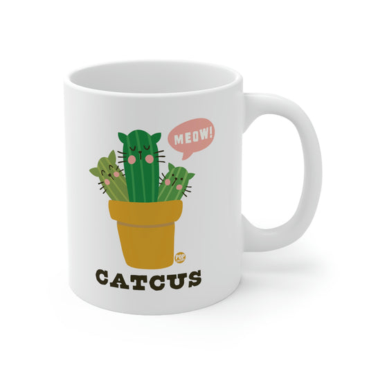 White ceramic mug featuring cactus-shaped cats saying “Meow!” – Pop Factory® funny plant lover coffee cup “Catcus”
