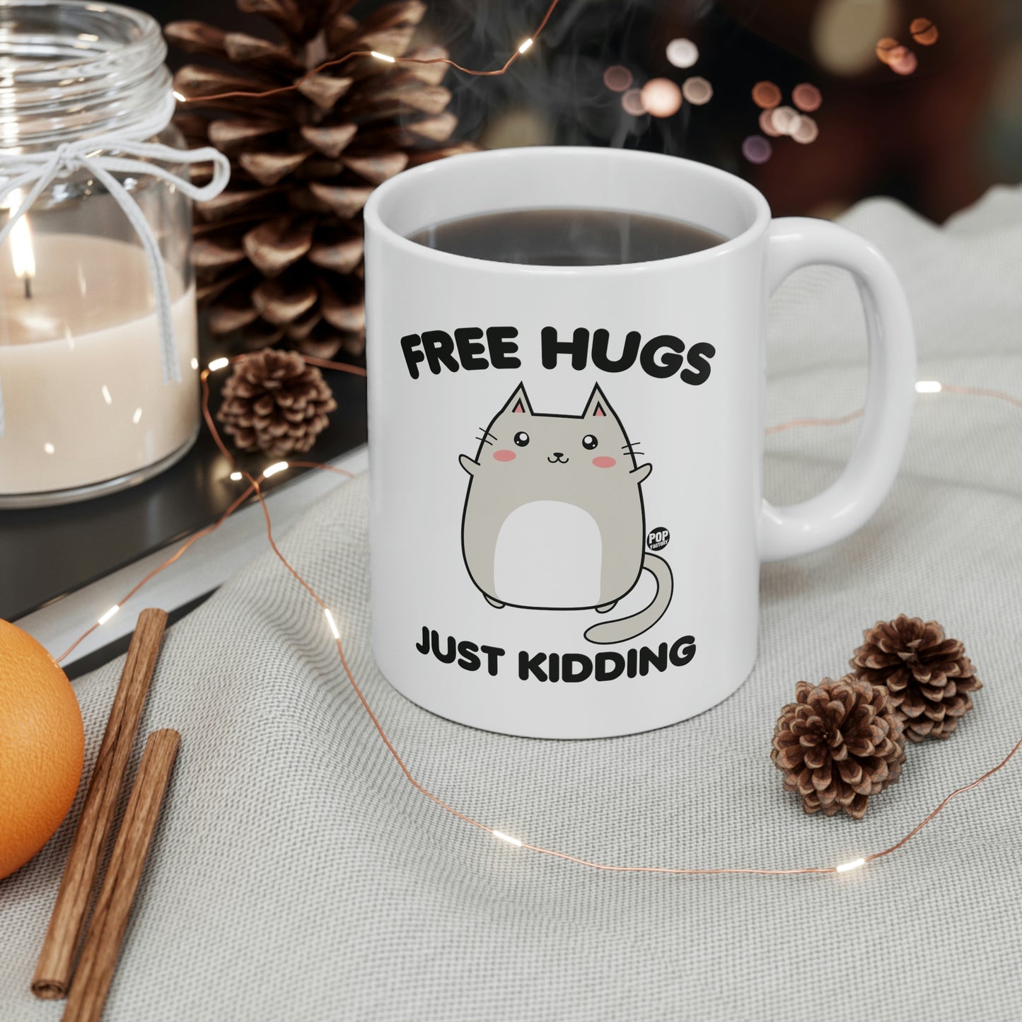 FREE HUGS JUST KIDDING CAT COFFEE MUG