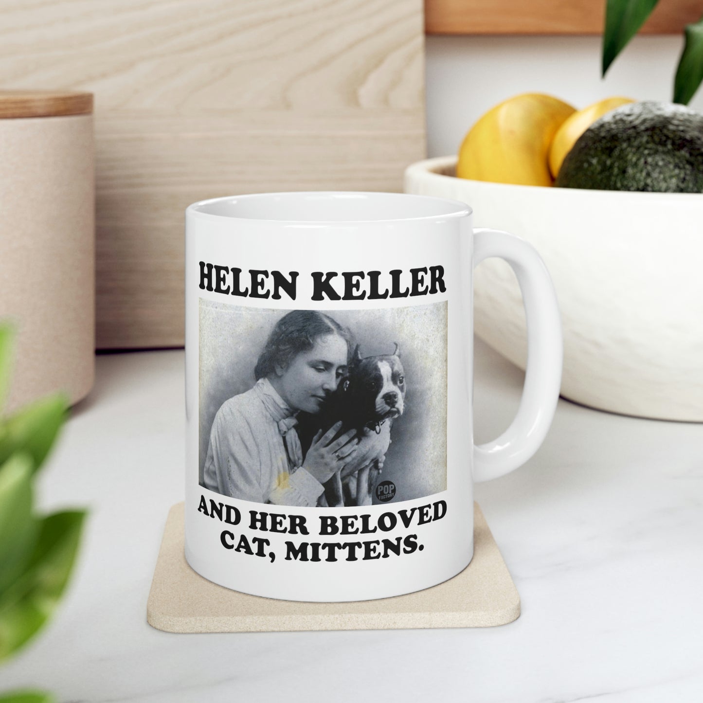 HELEN KELLER AND HER BELOVED CAT, MITTEN COFFEE MUG