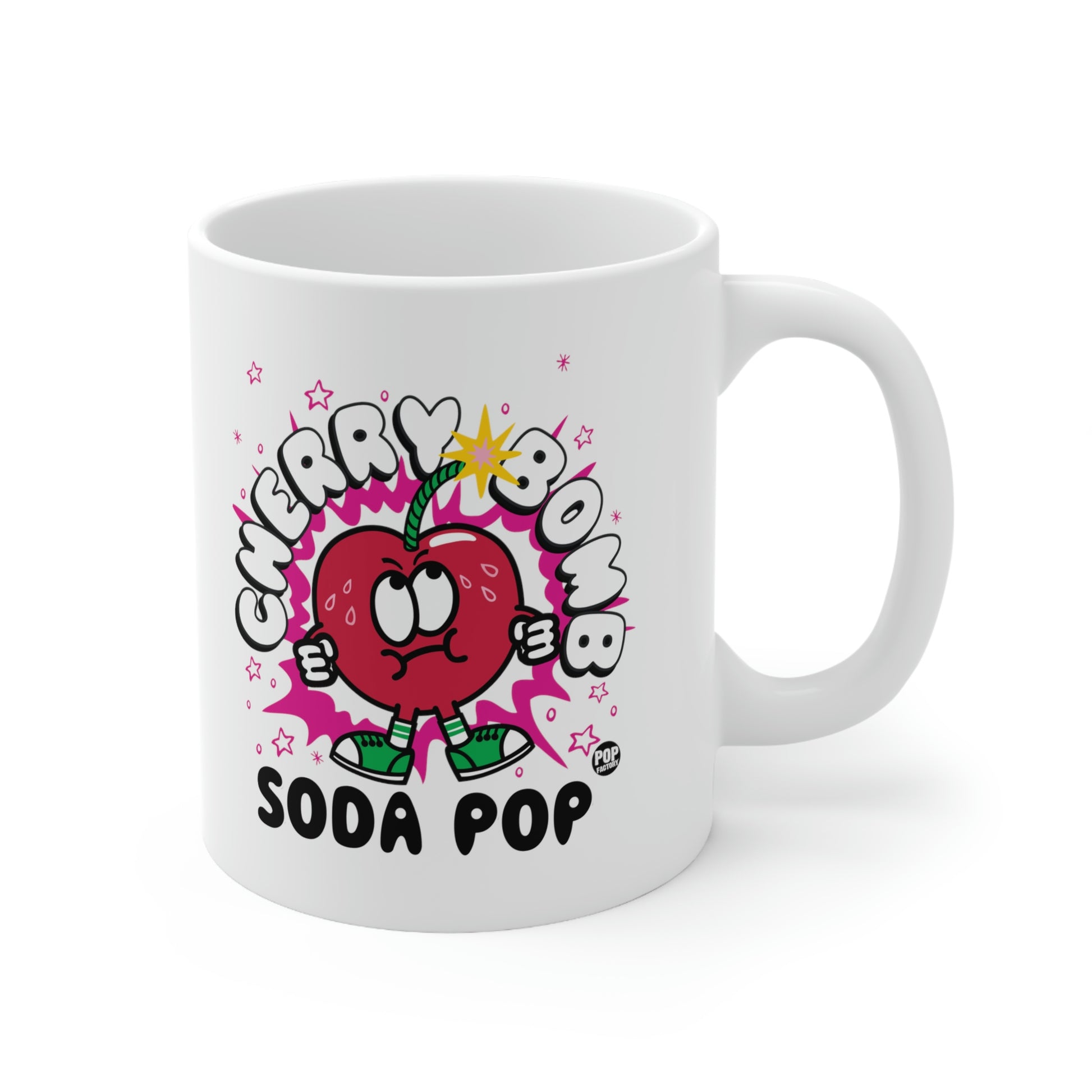 Funny cherry bomb cartoon mug with soda pop fizz, perfect for bold fruit lovers – from StupidMug® by Pop Factory®