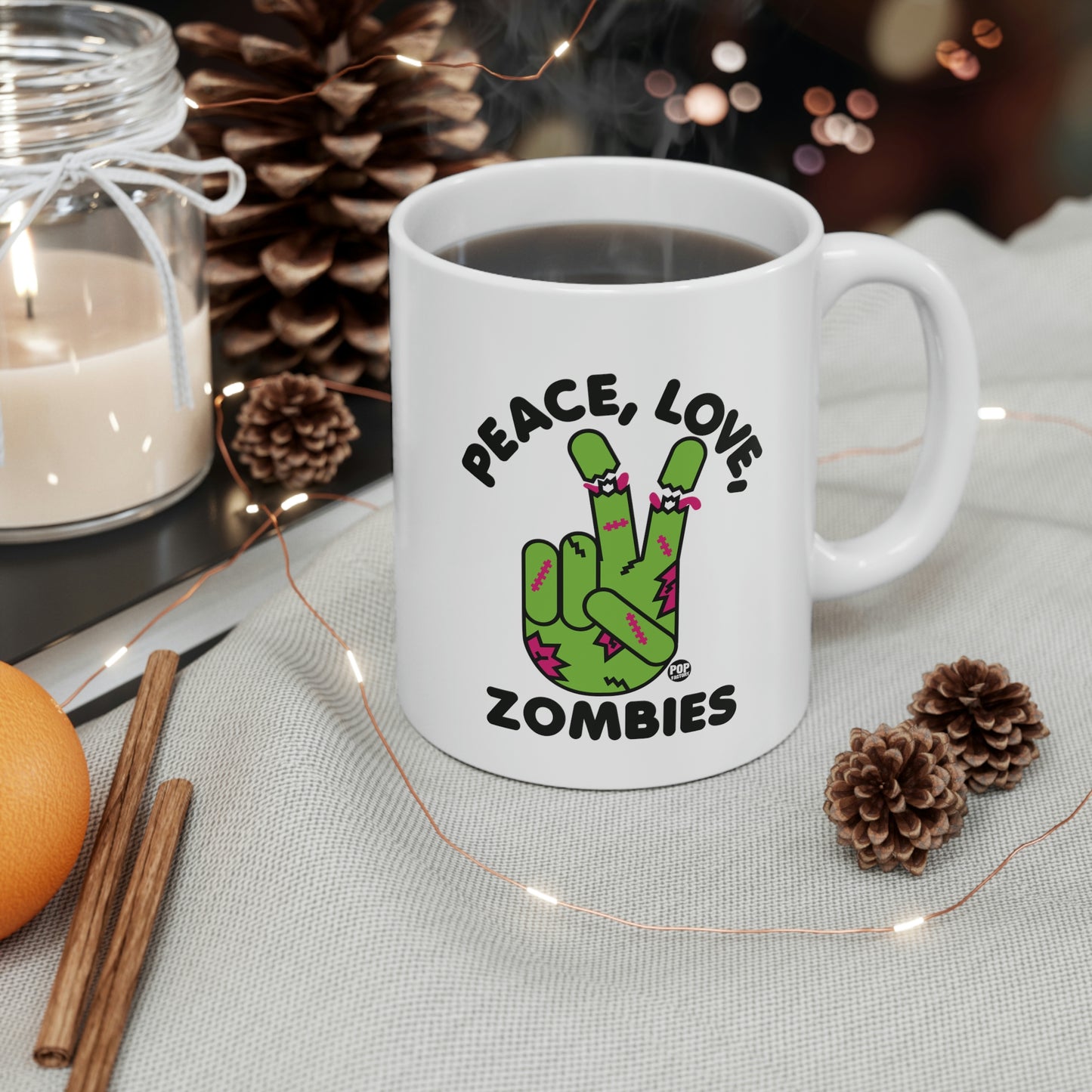 PEACE, LOVE, ZOMBIES COFFEE MUG