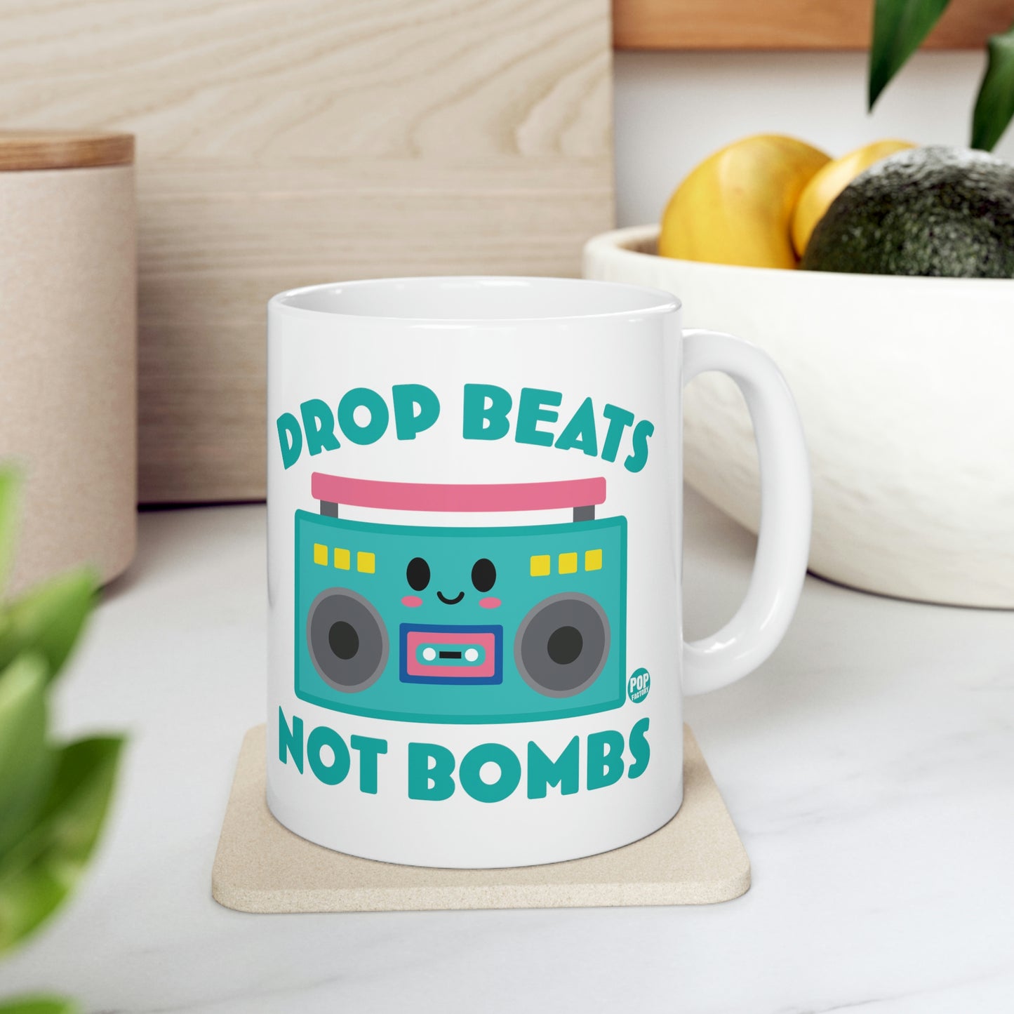 DROP BEATS NOT BOMBS COFFEE MUG