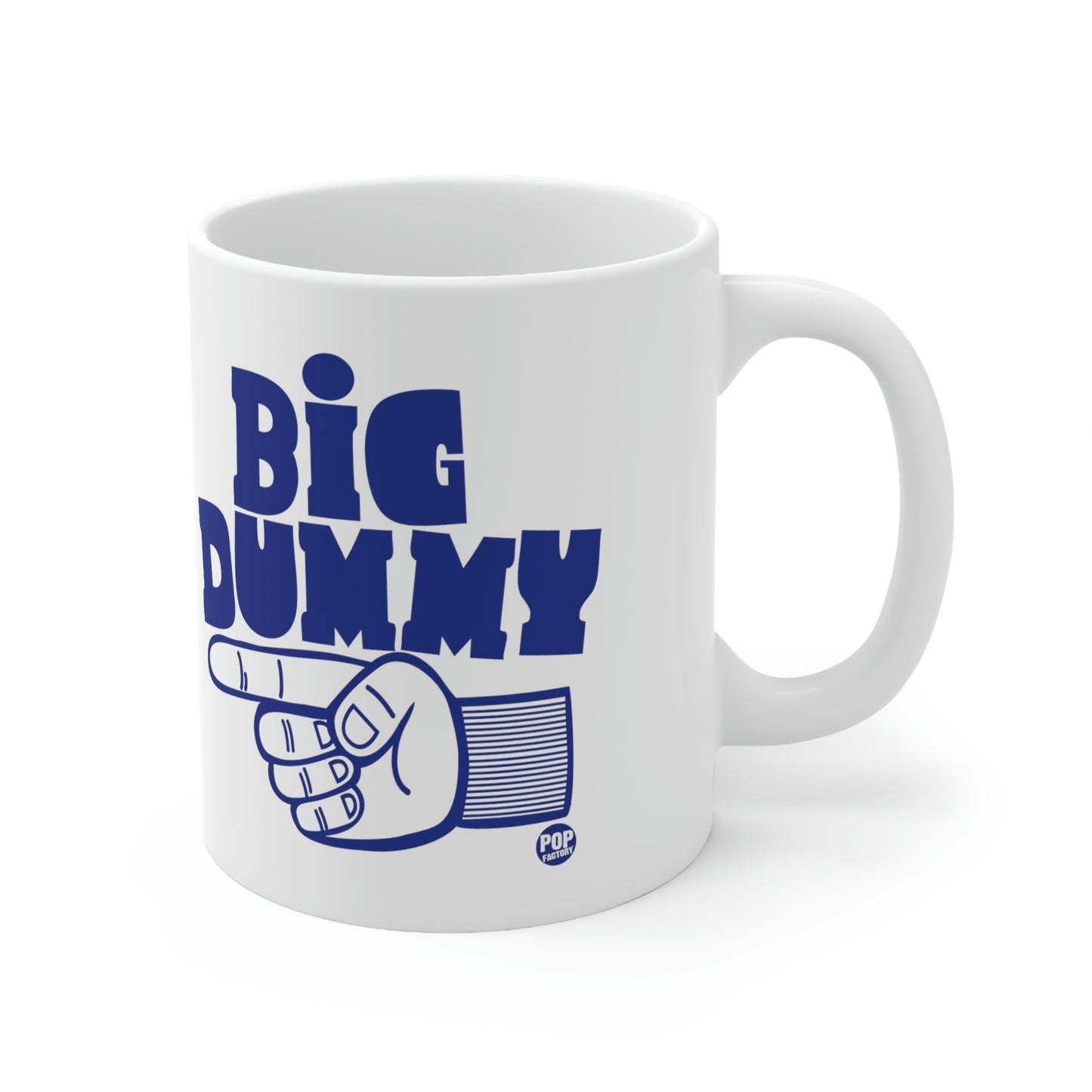 big hand with index finger pinting on a white mug