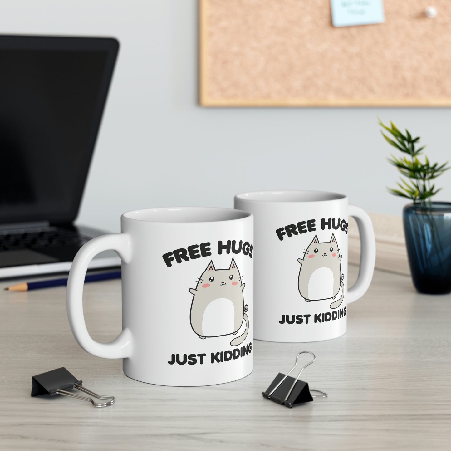 FREE HUGS JUST KIDDING CAT COFFEE MUG