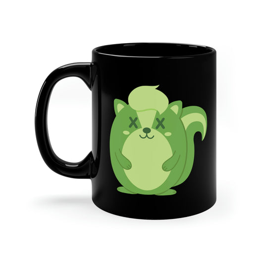 Deadimals Skunk collectible coffee mug featuring green cartoon skunk on black – designer art mug by Pop Factory®