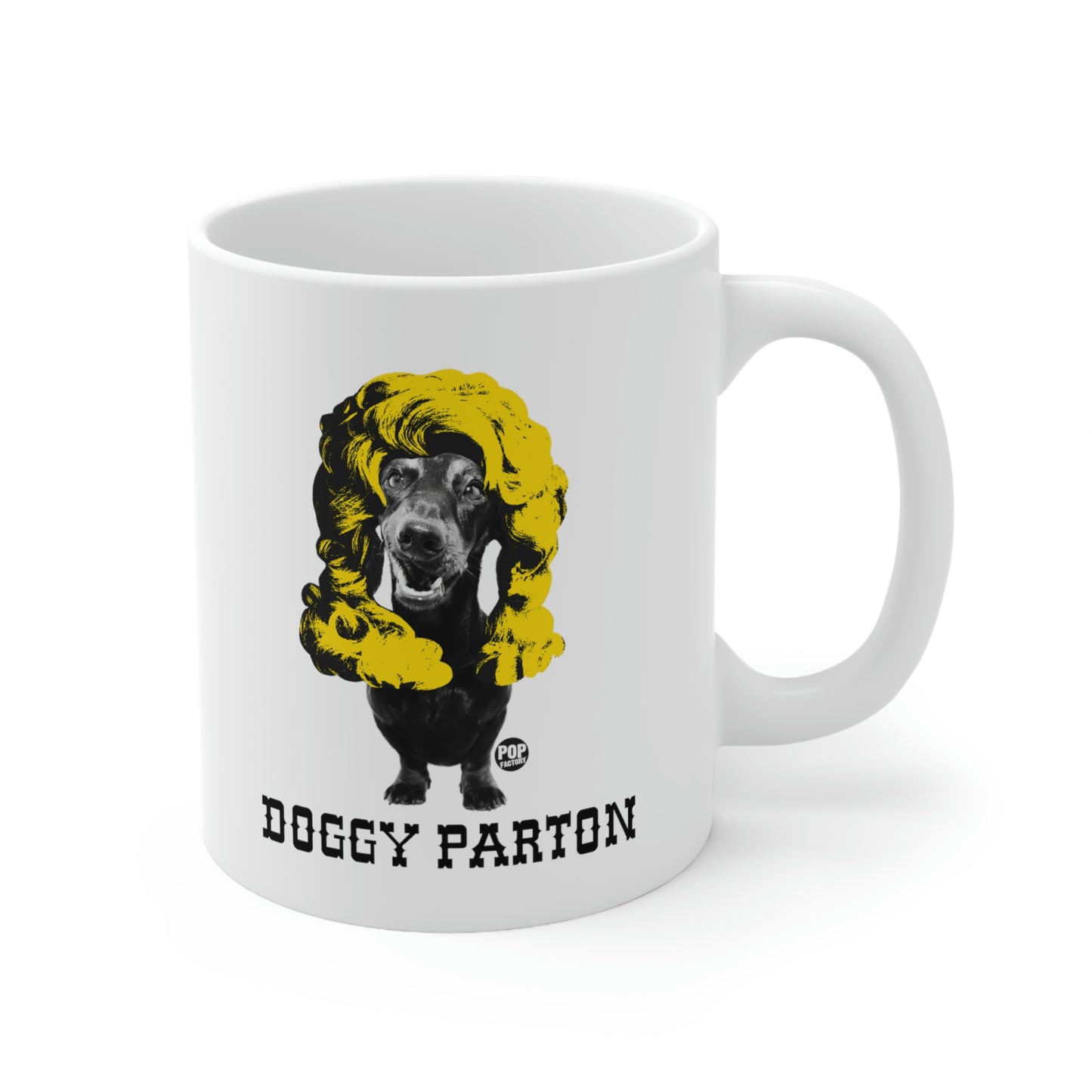 Funny coffee mug with dog dressed as Dolly Parton by Pop Factory – white ceramic gift cup for country fans and dog lovers from StupidMug
