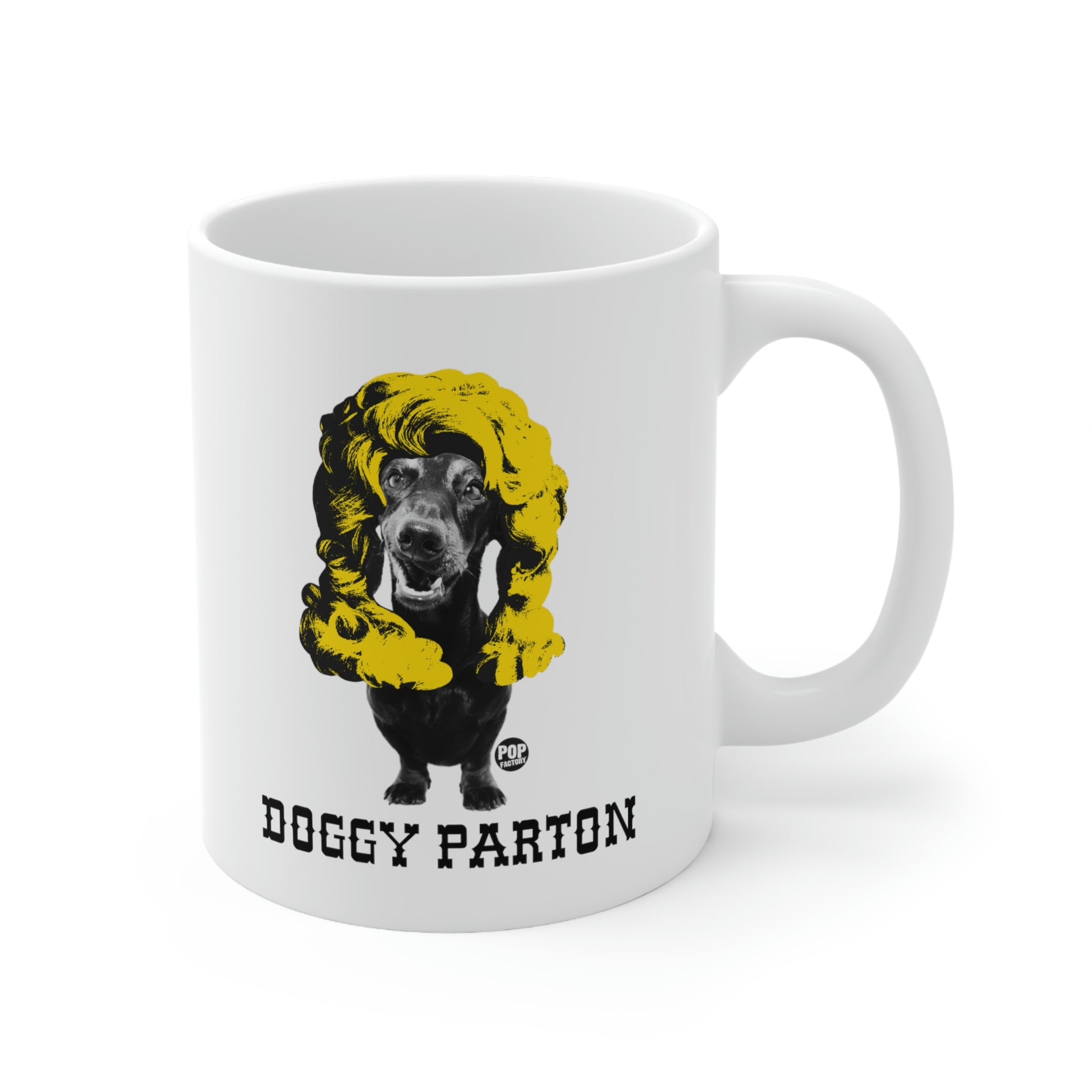 Funny coffee mug with dog dressed as Dolly Parton by Pop Factory – white ceramic gift cup for country fans and dog lovers from StupidMug
