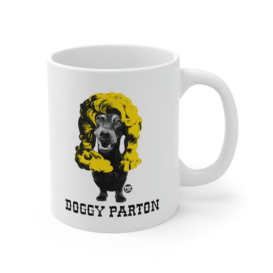 Funny coffee mug with dog dressed as Dolly Parton by Pop Factory – white ceramic gift cup for country fans and dog lovers from StupidMug
