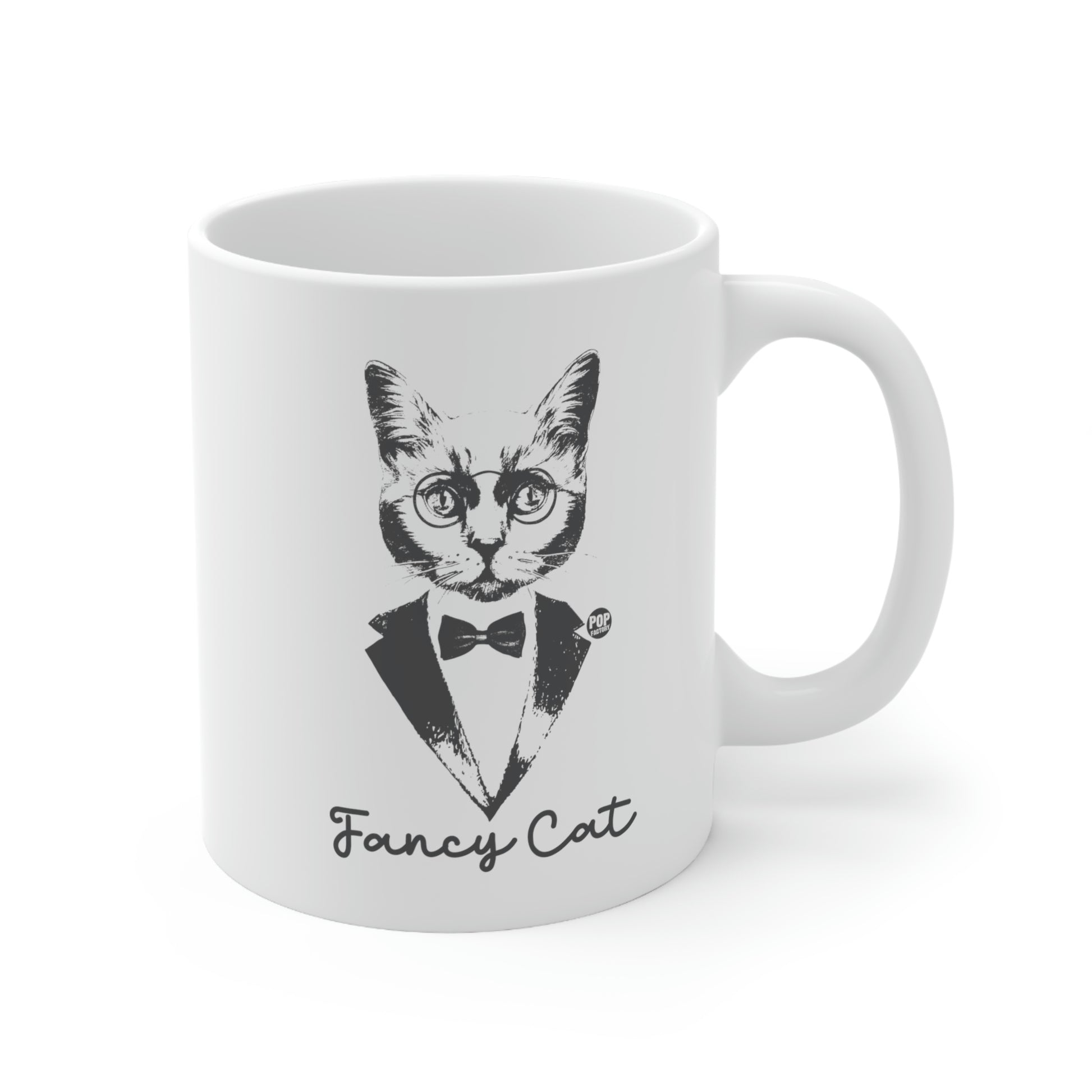 Fancy Cat mug with tuxedo-wearing feline in bow tie – classy black and white cat coffee cup by Pop Factory®