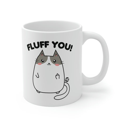 White ceramic mug with cute cat flipping off and “Fluff You!” text – Pop Factory® sarcastic cat coffee cup
