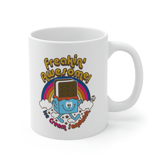 Retro-style coffee mug with happy ice cream sandwich and rainbow design – Freakin’ Awesome mug by StupidMug® by Pop Factory®