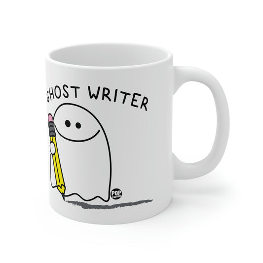 Ghost holding a pencil with "Ghost Writer" text – funny Halloween coffee mug gift for writers, editors, and book lovers