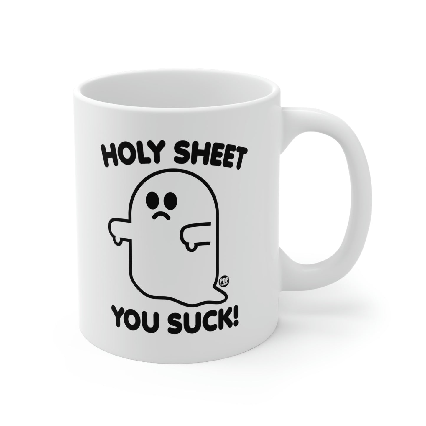 funny ghost mug, sarcastic halloween mug, holy sheet mug, you suck coffee cup, spooky humor gift, stupidmug, pop factory, passive aggressive mug, adult humor halloween mug, coworker gift, ghost novelty mug