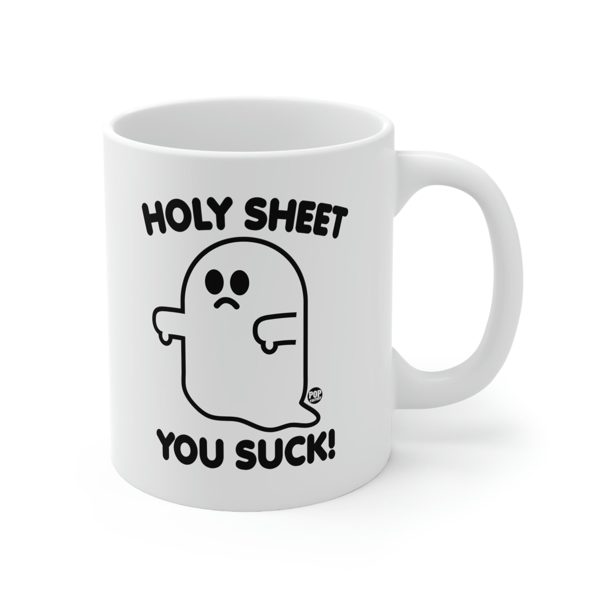 funny ghost mug, sarcastic halloween mug, holy sheet mug, you suck coffee cup, spooky humor gift, stupidmug, pop factory, passive aggressive mug, adult humor halloween mug, coworker gift, ghost novelty mug