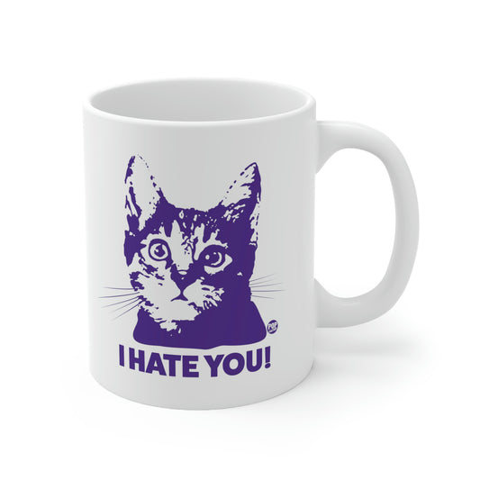 White ceramic mug with grumpy cat face and bold “I Hate You!” text – Pop Factory® funny cat meme coffee cup
