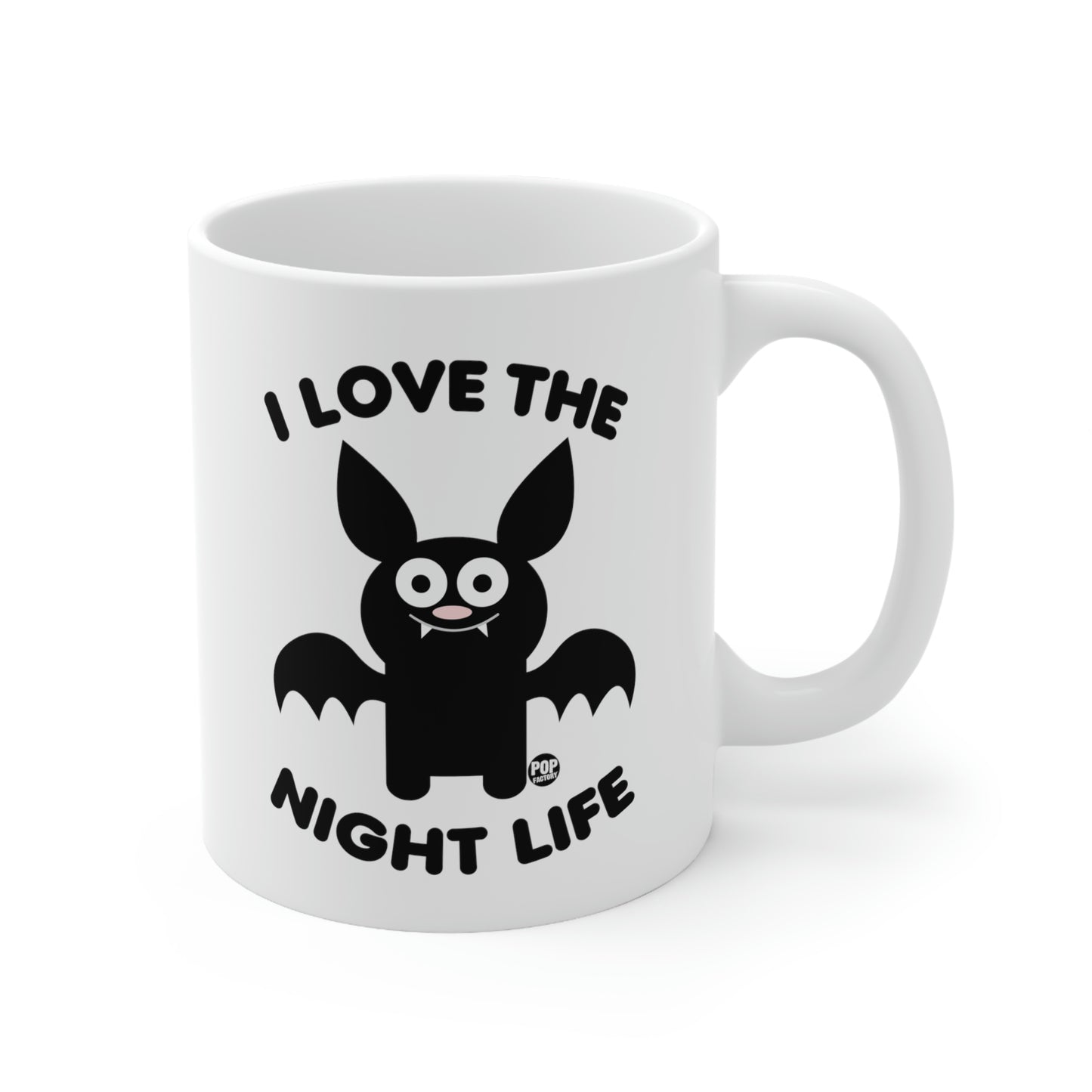Funny bat coffee mug with “I Love the Night Life” quote – Halloween humor gift by StupidMug® by Pop Factory®
