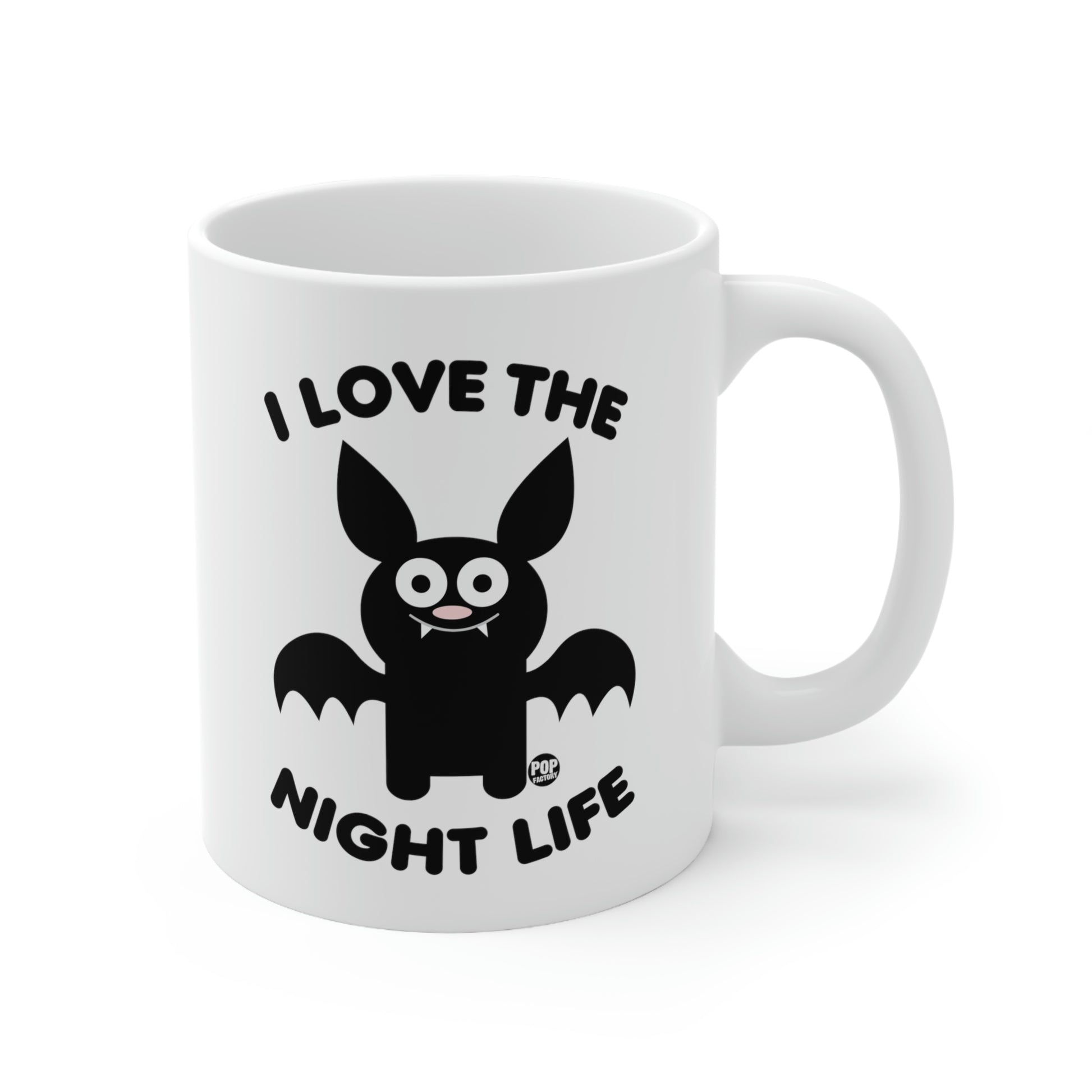 Funny bat coffee mug with “I Love the Night Life” quote – Halloween humor gift by StupidMug® by Pop Factory®