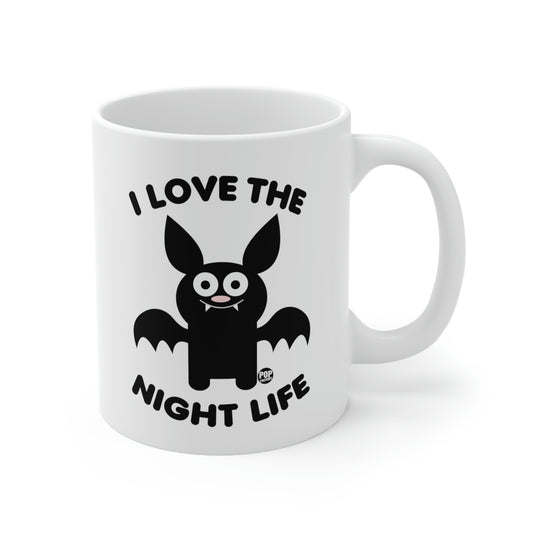 Funny bat coffee mug with “I Love the Night Life” quote – Halloween humor gift by StupidMug® by Pop Factory®