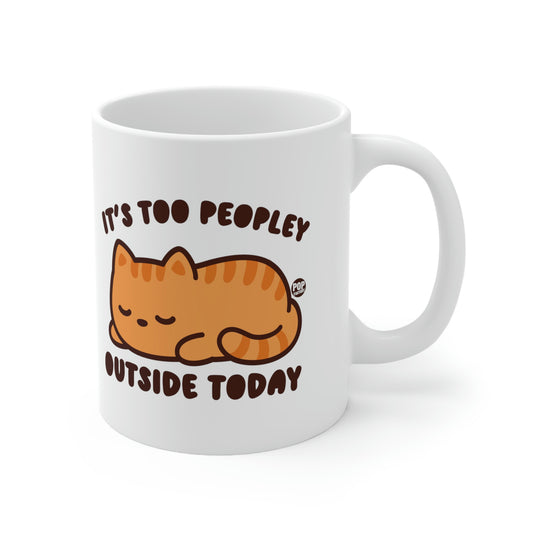 Funny orange cat mug with phrase It’s Too Peopley Outside Today – introvert humor coffee cup by Pop Factory®