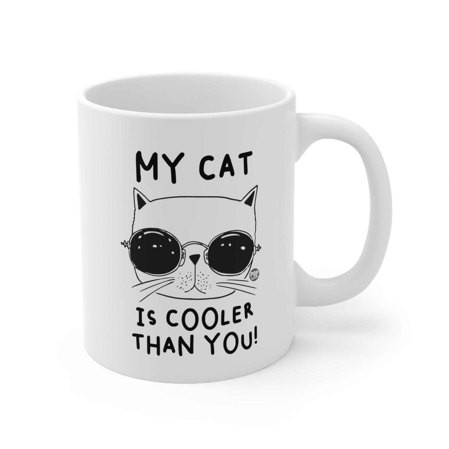 Cool cat mug with large black sunglasses and My Cat Is Cooler Than You text – 11oz funny coffee cup by StupidMug® and Pop Factory®