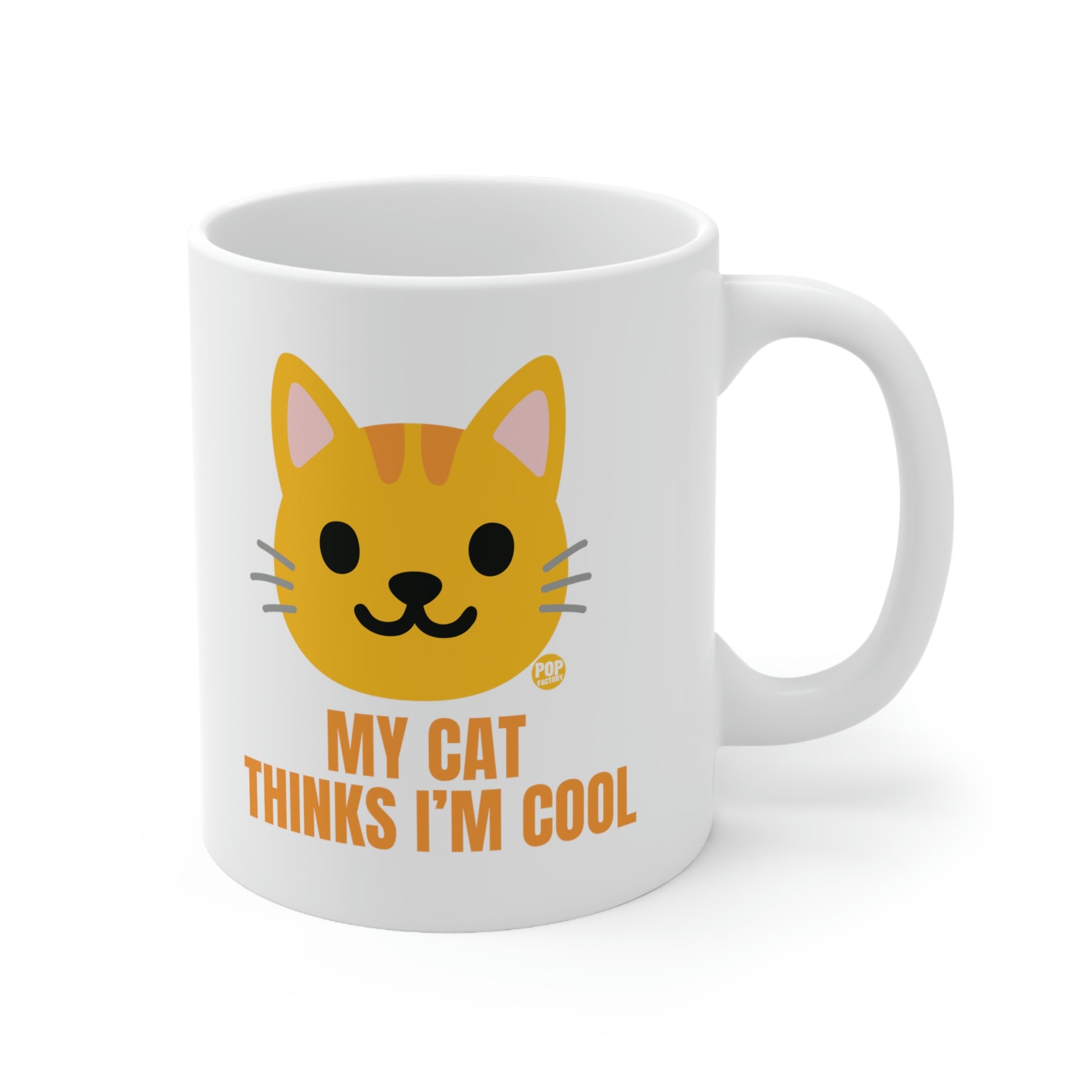 White ceramic mug with orange cat face and “My cat thinks I’m cool” text – Pop Factory® fun cat lover coffee mug
