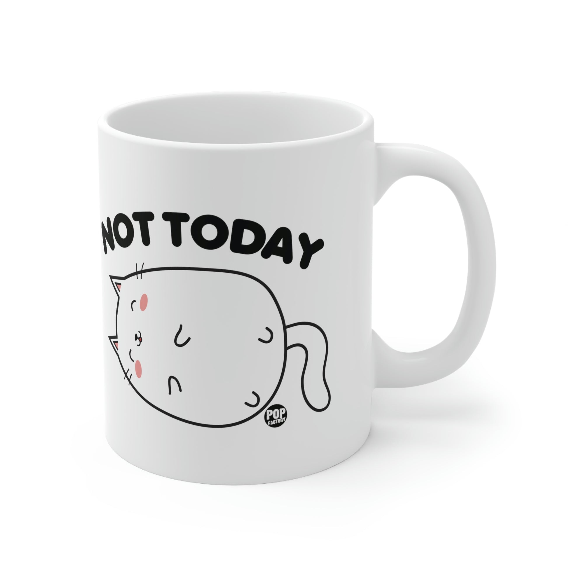 White ceramic mug with laid‑back cat illustration and “Not Today” text – Pop Factory® funny lazy cat coffee cup
