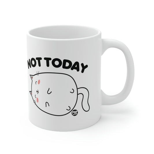 White ceramic mug with laid‑back cat illustration and “Not Today” text – Pop Factory® funny lazy cat coffee cup
