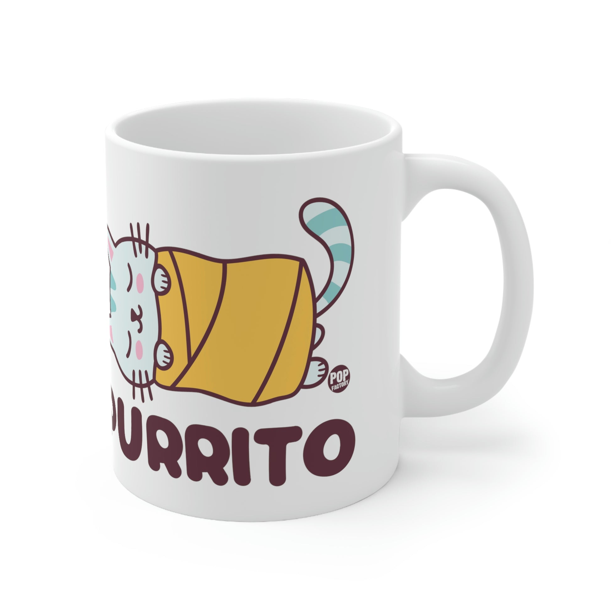 White ceramic mug with cartoon cat wrapped like a burrito (purrito) and text “Purrito” – Pop Factory® funny cat pun cup
