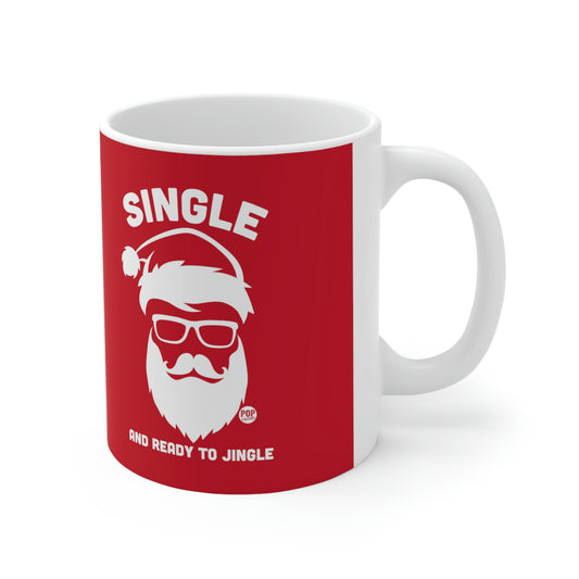 Red Christmas mug with hipster Santa and “Single and Ready to Jingle” text – funny holiday coffee cup by Pop Factory