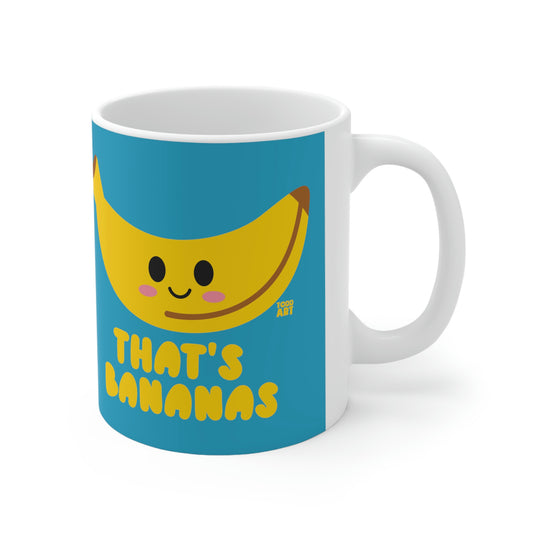 That’s Bananas funny mug with smiling yellow banana on blue – cute pun coffee cup for fruit lovers – Pop Factory® design