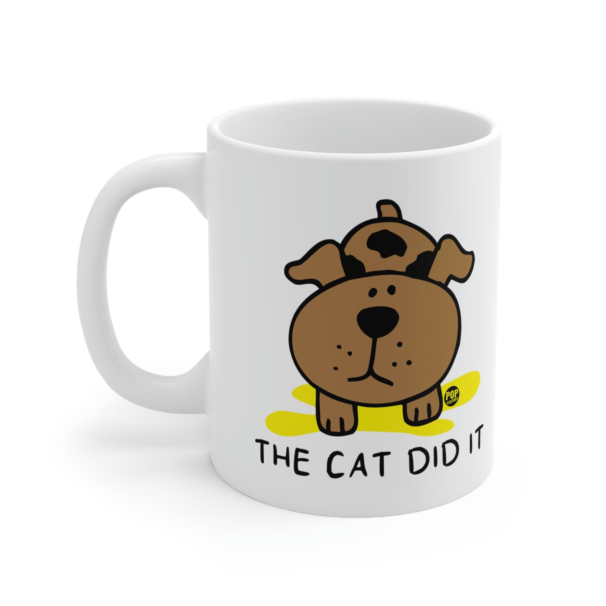 White ceramic mug with cartoon dog and “The Cat Did It” text – Pop Factory® funny pet owner coffee cup

