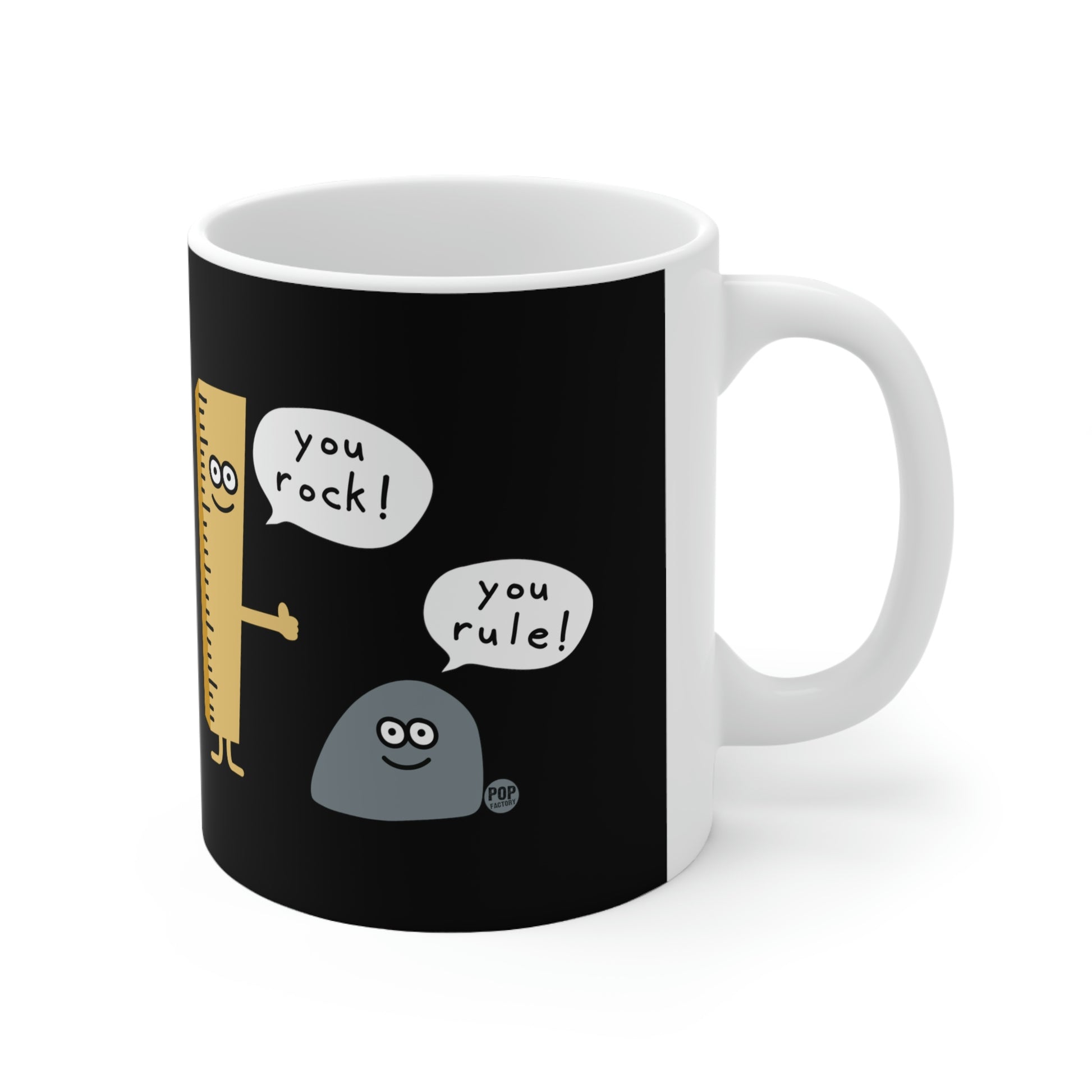 White ceramic mug with cartoon rock and ruler saying “you rock” and “you rule” – Pop Factory® funny pun coffee cup
